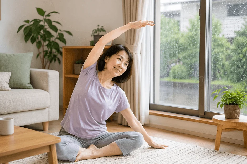 室内でヨガやストレッチをする中高年女性