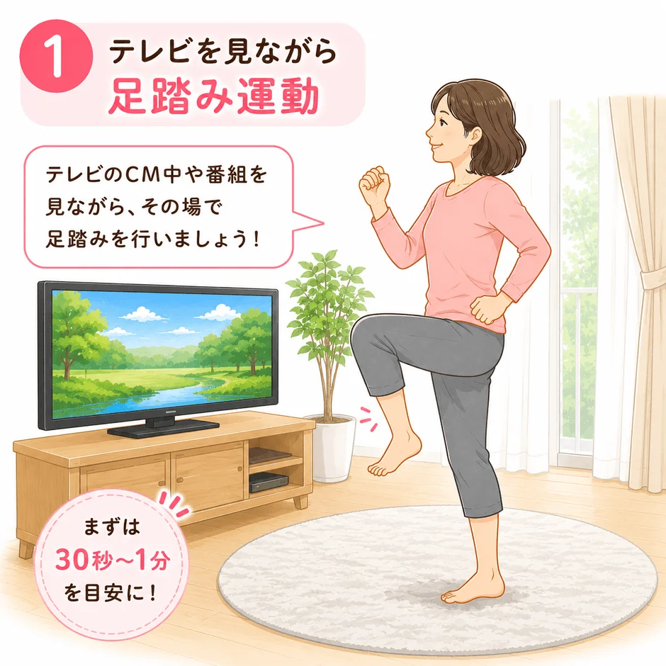 リビングでテレビを見ながら足踏み運動をする女性のイラスト