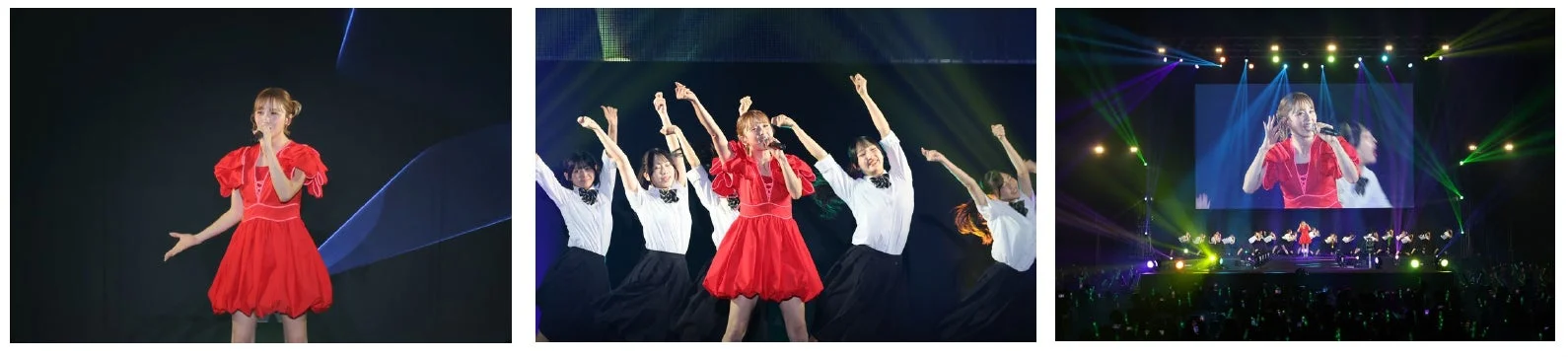 赤いドレスを着た女性歌手がバックダンサーと共にステージで歌い踊るライブの様子