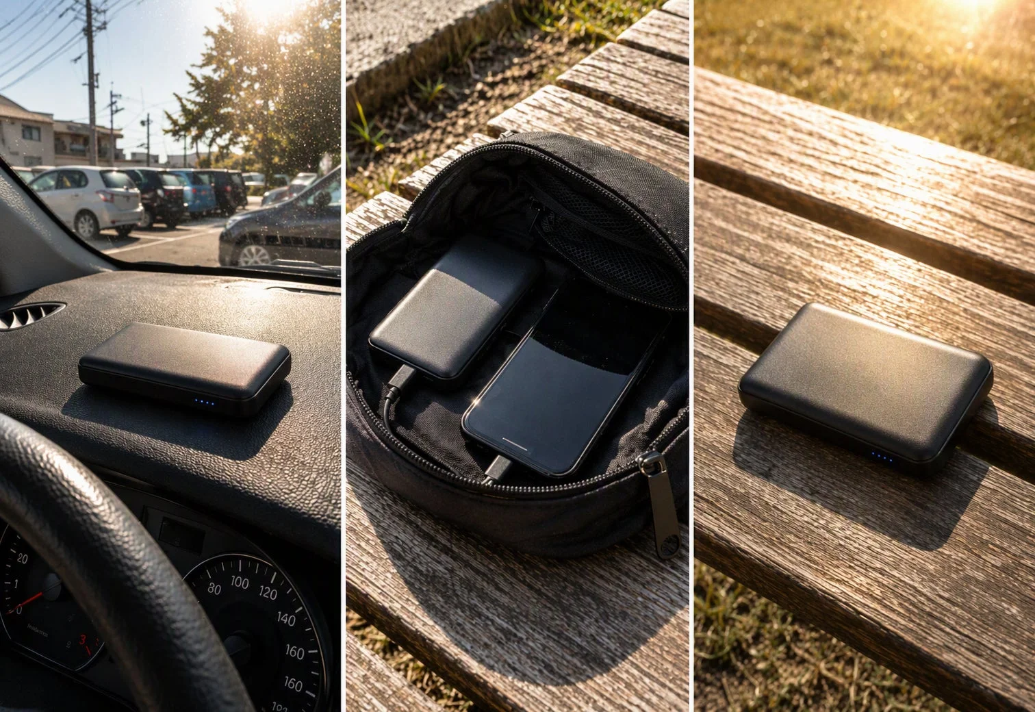 車のダッシュボード、バッグの中、屋外のベンチで使われるモバイルバッテリー