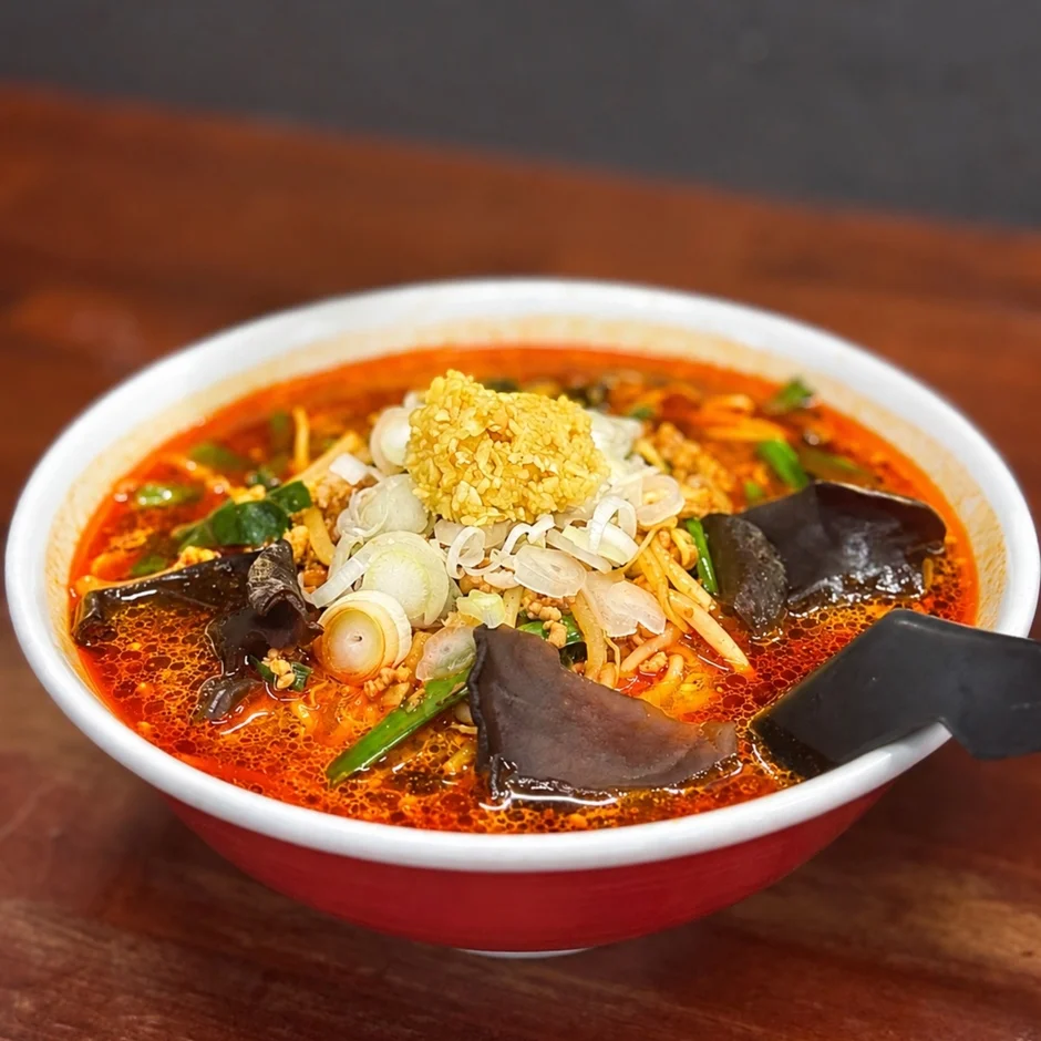 ひき肉やネギがたっぷり乗った辛そうなラーメン