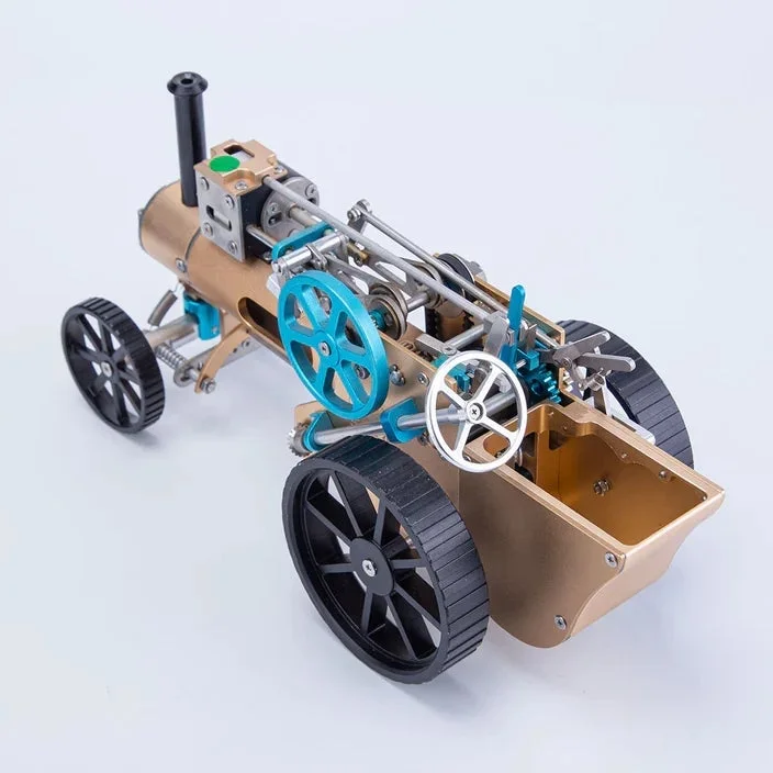 真鍮色のボディと黒い車輪、水色の歯車が特徴的な精巧な蒸気機関車のミニチュアモデルです