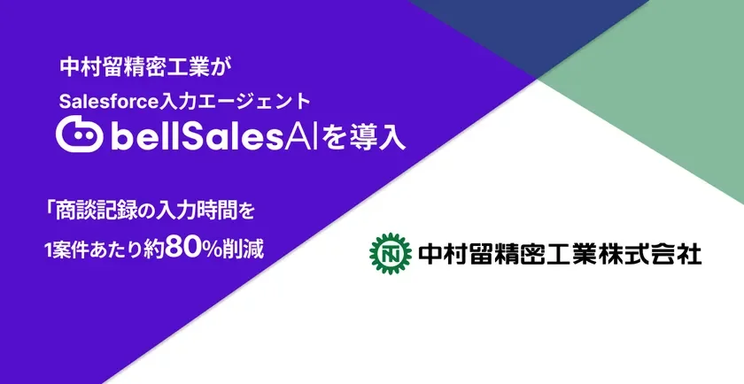 中村留精密工業がSalesforce入力エージェントbellSalesAIを導入し、商談記録の入力時間を1案件あたり約80%削減した事例を紹介する画像です。