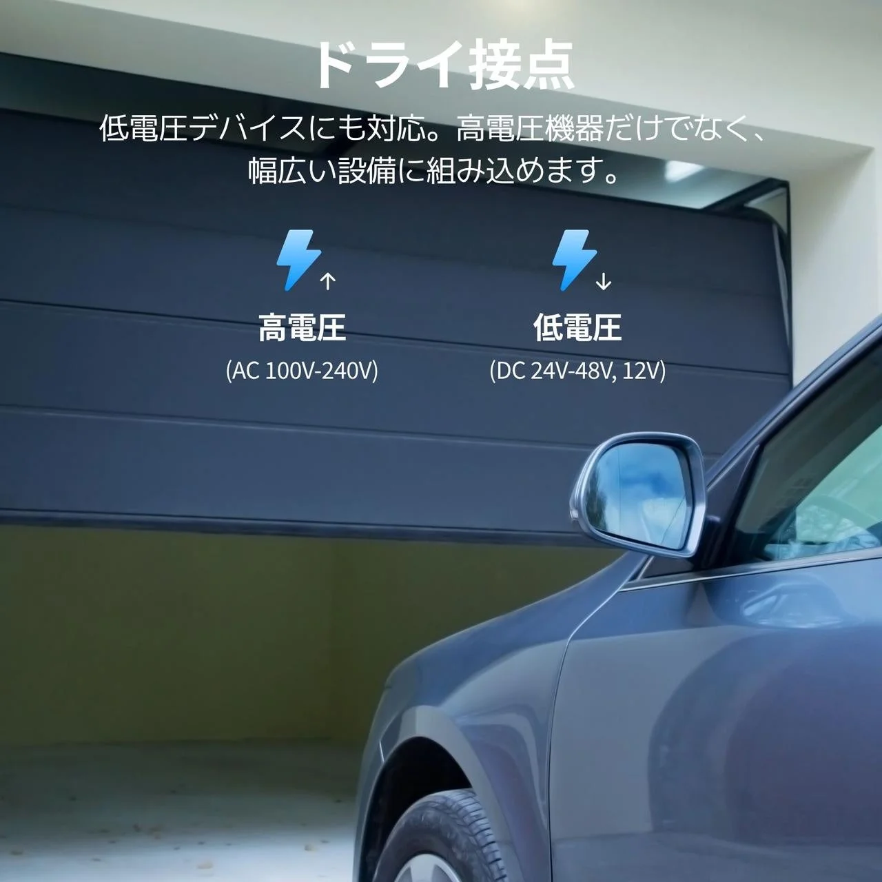 ガレージと車の画像に、ドライ接点の機能説明がオーバーレイ