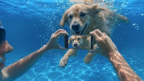 水中を泳ぐ犬をスマートフォンで撮影している様子