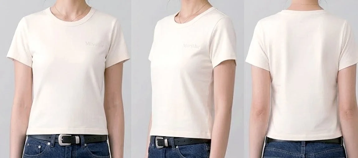 白いTシャツとジーンズを着用した女性の全身を、正面、側面、背面から撮影した画像です。Tシャツには「Misollie」の文字が薄くプリントされており、シンプルなカジュアルスタイルが特徴です。