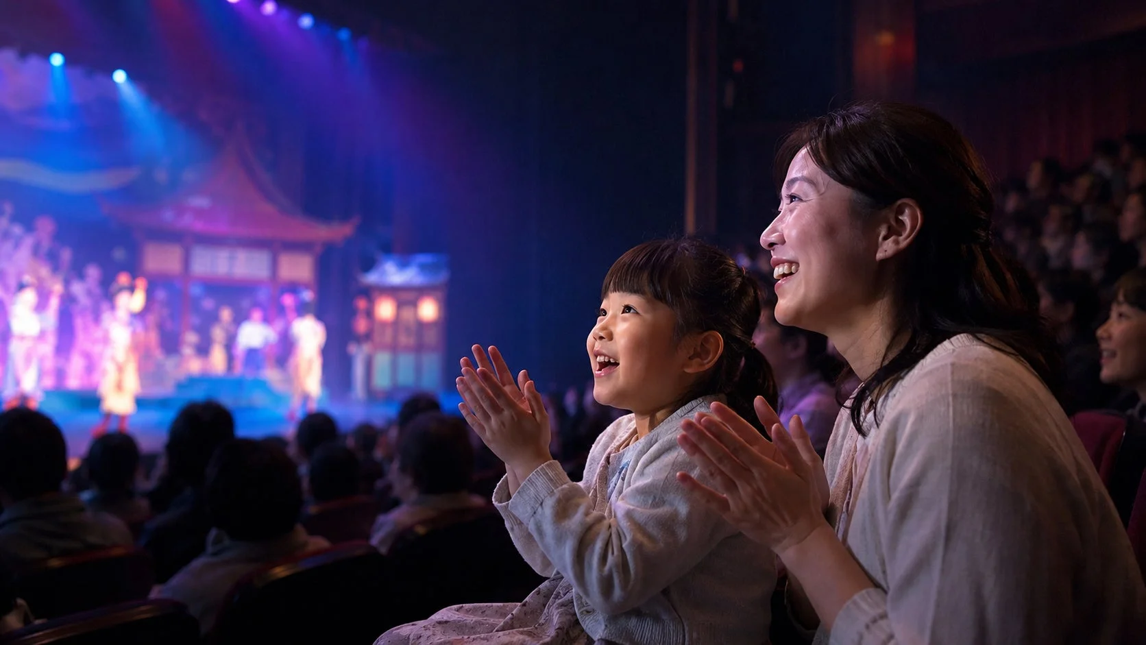 母親と子供が、舞台で繰り広げられる華やかなパフォーマンスを笑顔で拍手しながら鑑賞している様子です。