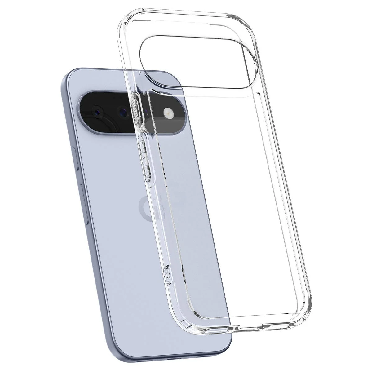 淡い青色のスマートフォンと、それに装着する透明な保護ケースが写っています