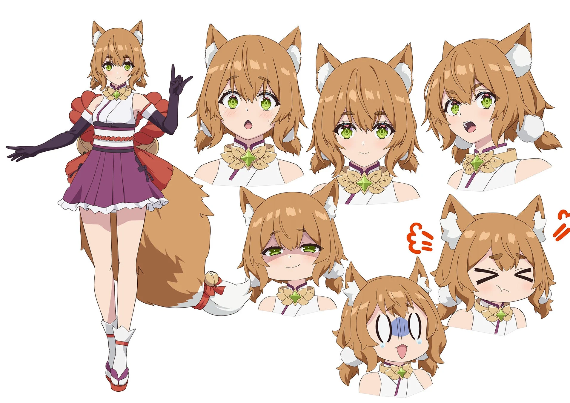 狐耳と尻尾を持つアニメスタイルの少女キャラクターのデザインシートです。和風の衣装を身につけ、全身図と様々な感情を表す表情差分(笑顔、驚き、怒り、困惑など)が描かれており、キャラクターの魅力が伝わる一枚です。