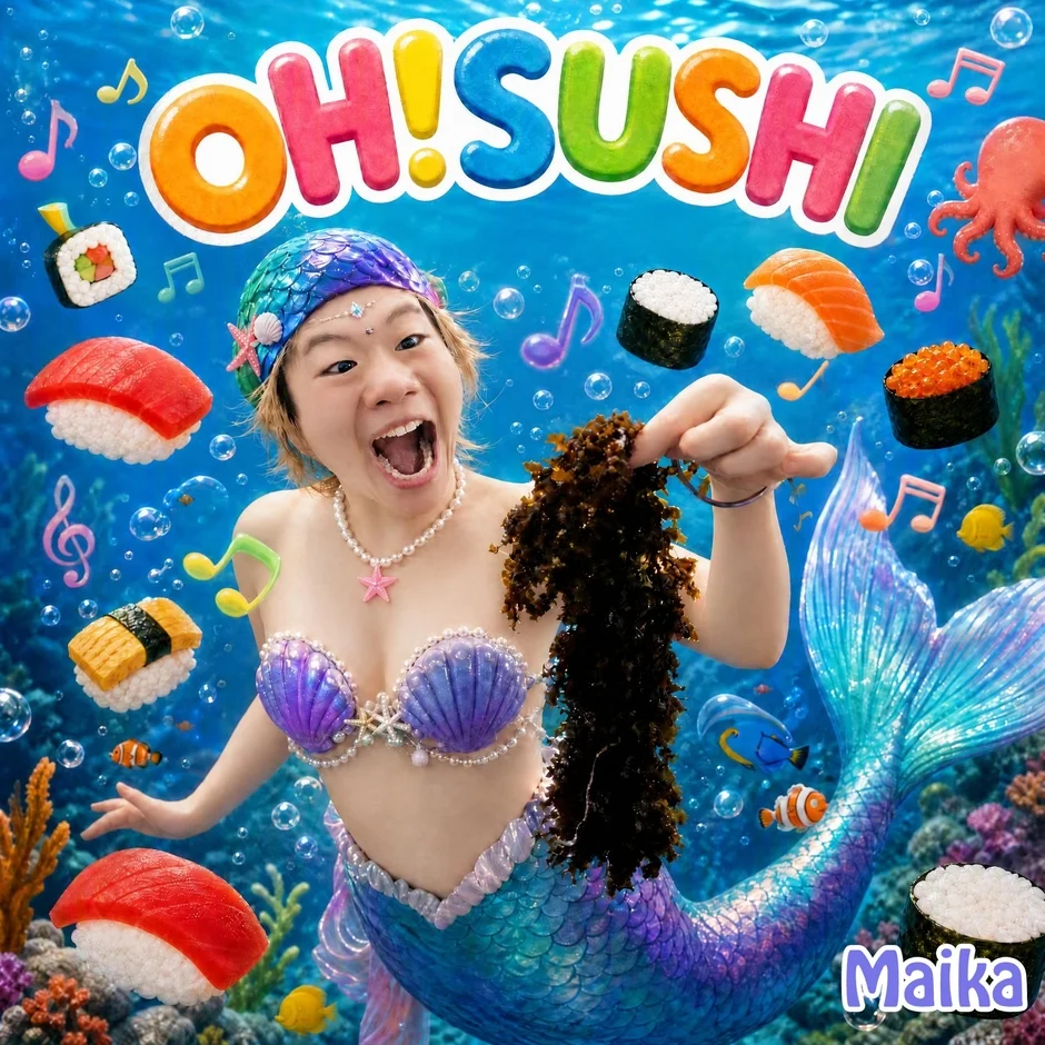 人魚と寿司のカラフルな海中ファンタジー