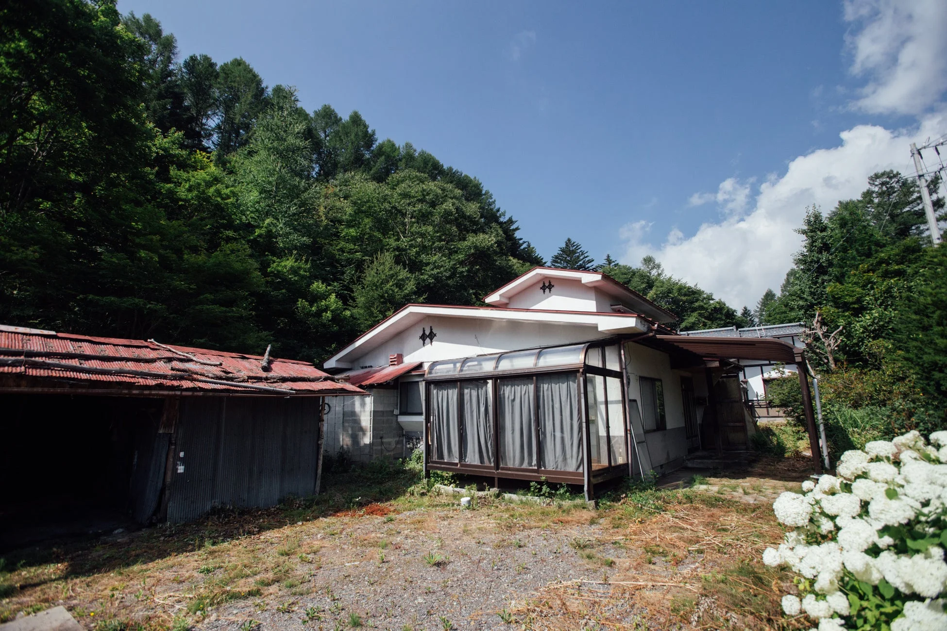 緑豊かな山を背景に建つ古い家屋