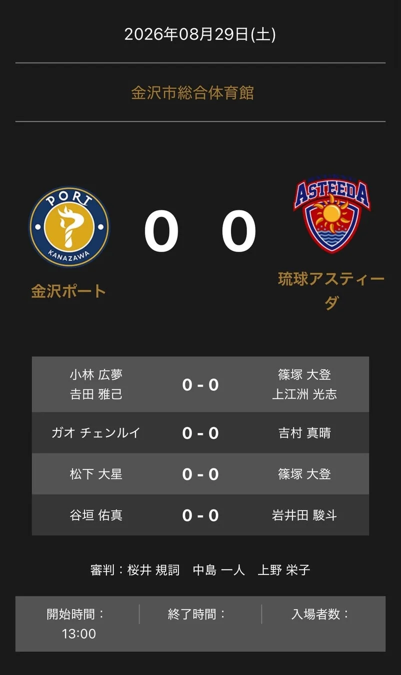 ノジマTリーグ 2026-2027シーズン公式戦 金沢ポート vs 琉球アスティーダ 対戦オーダー