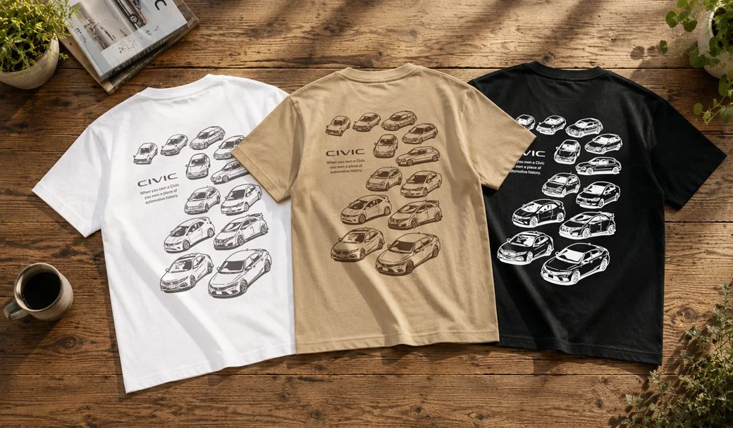 歴代シビックが並んだデザインのTシャツ