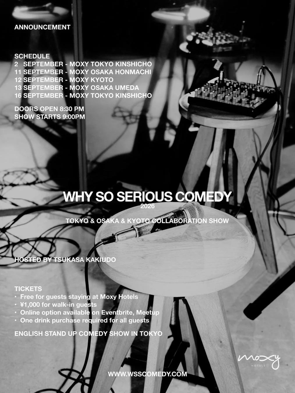 2026年9月にMoxyホテルで開催される「WHY SO SERIOUS COMEDY」のイベントポスター