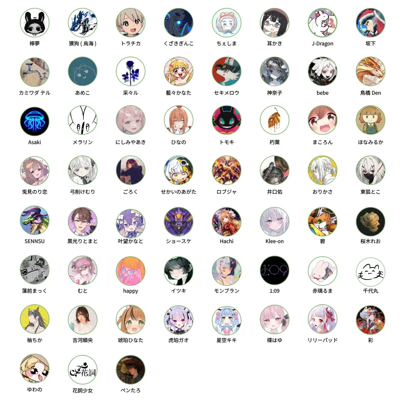 多様なデザインの丸いプロフィールアイコンがグリッド状に多数並べられた画像
