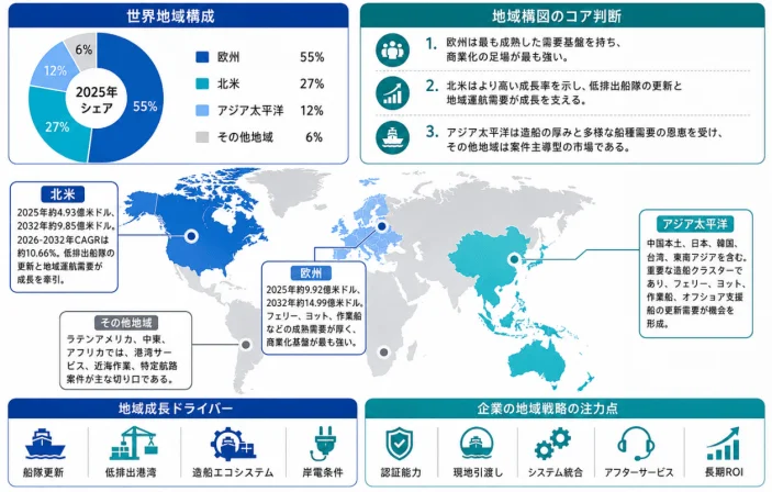世界の地域別市場構成と成長要因、企業戦略の注力点を示すインフォグラフィック