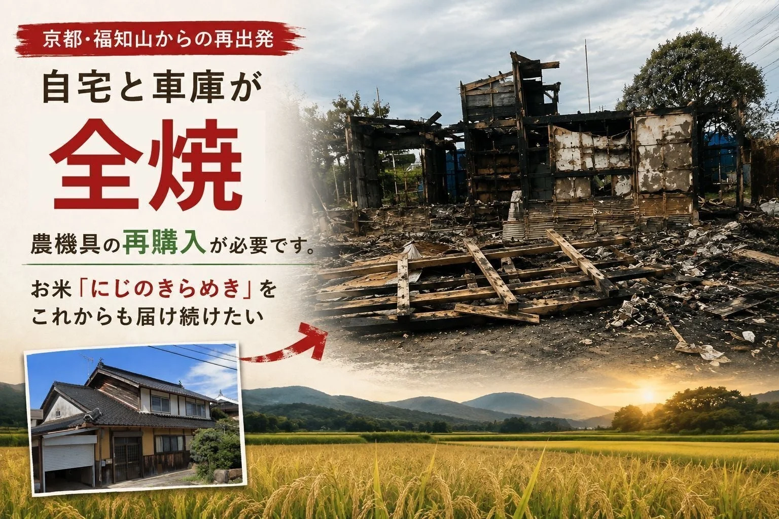 京都・福知山からの再出発 自宅と車庫が 全焼 農機具の再購入が必要です。 お米「にじのきらめき」を これからも届け続けたい