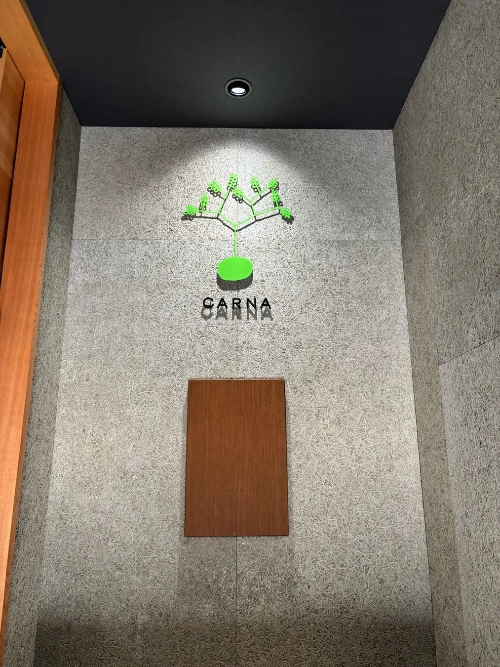 CARNAロゴと木のデザイン壁
