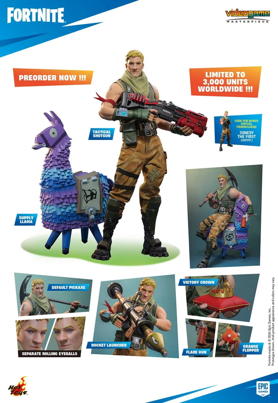 人気ゲーム「フォートナイト」のキャラクター、ジョーンズィーのアクションフィギュアの広告です。限定3,000体で、豊富な武器やサプライラマが付属し、現在予約受付中であることが示されています。