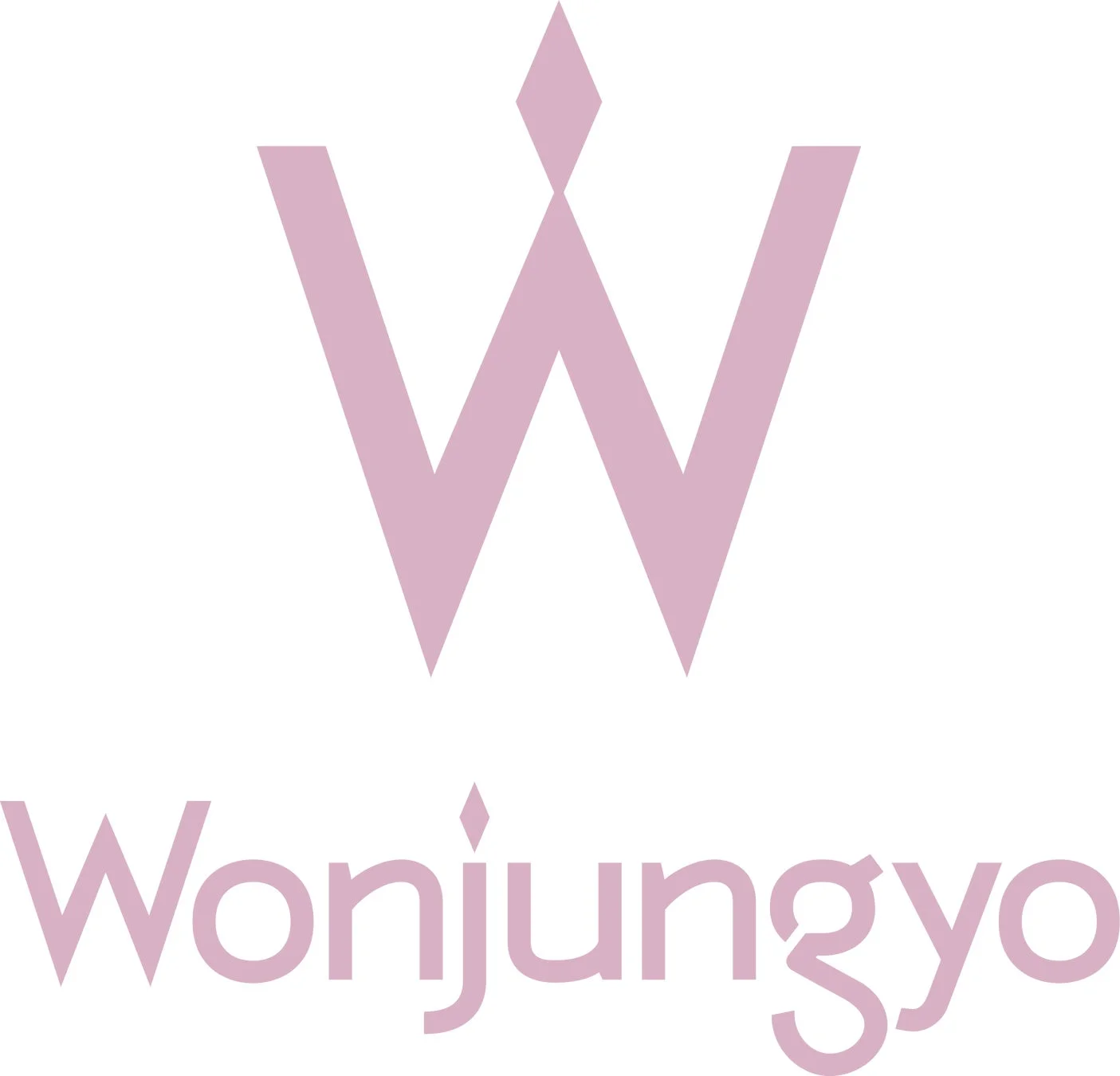 白い背景に薄いピンク色の「W」のロゴとブランド名「Wonjungyo」が描かれた画像です。ロゴは頂点に菱形があしらわれたスタイリッシュな「W」の文字で、全体的にクリーンでモダンな印象を与えます。