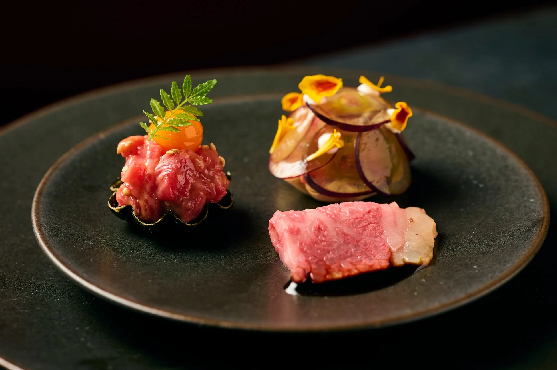 黒い皿に盛り付けられた、高級感のある3種類の料理。卵黄と薬味を添えた肉のタルタル、薄切りフルーツの飾り付け、そして美しいロゼ色の肉が並び、洗練された前菜のようです。