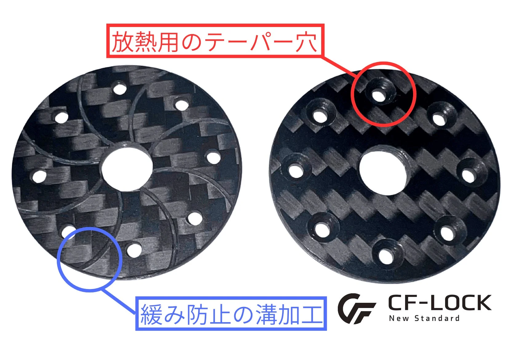 放熱用のテーパー穴と緩み防止の溝加工
