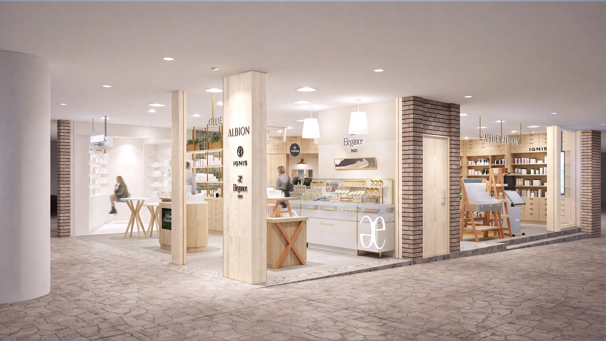 明るくモダンな化粧品店舗の内部。アルビオン、イグニス、エレガンスなどのブランドが並び、来店客が商品を見ている様子が伺えます。