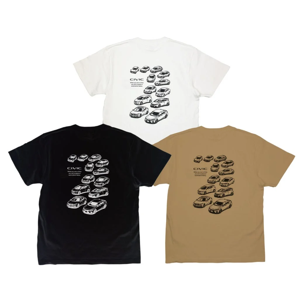 歴代ホンダシビックの車種イラストとメッセージがプリントされた、白、黒、ベージュの3色のTシャツ