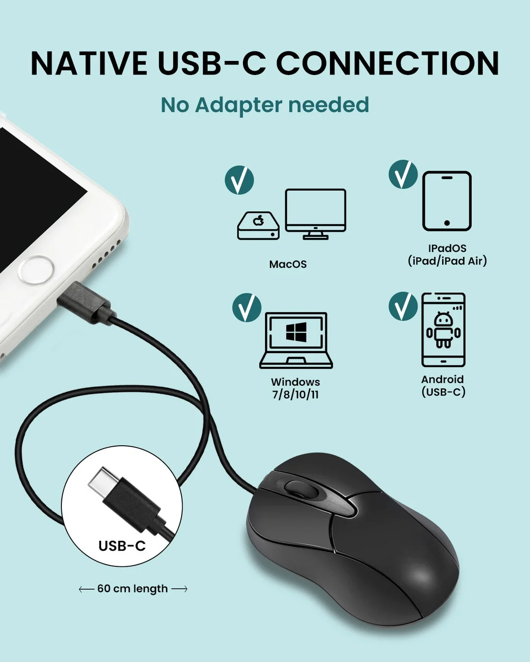 USB-C接続でスマートフォンに接続されたマウス