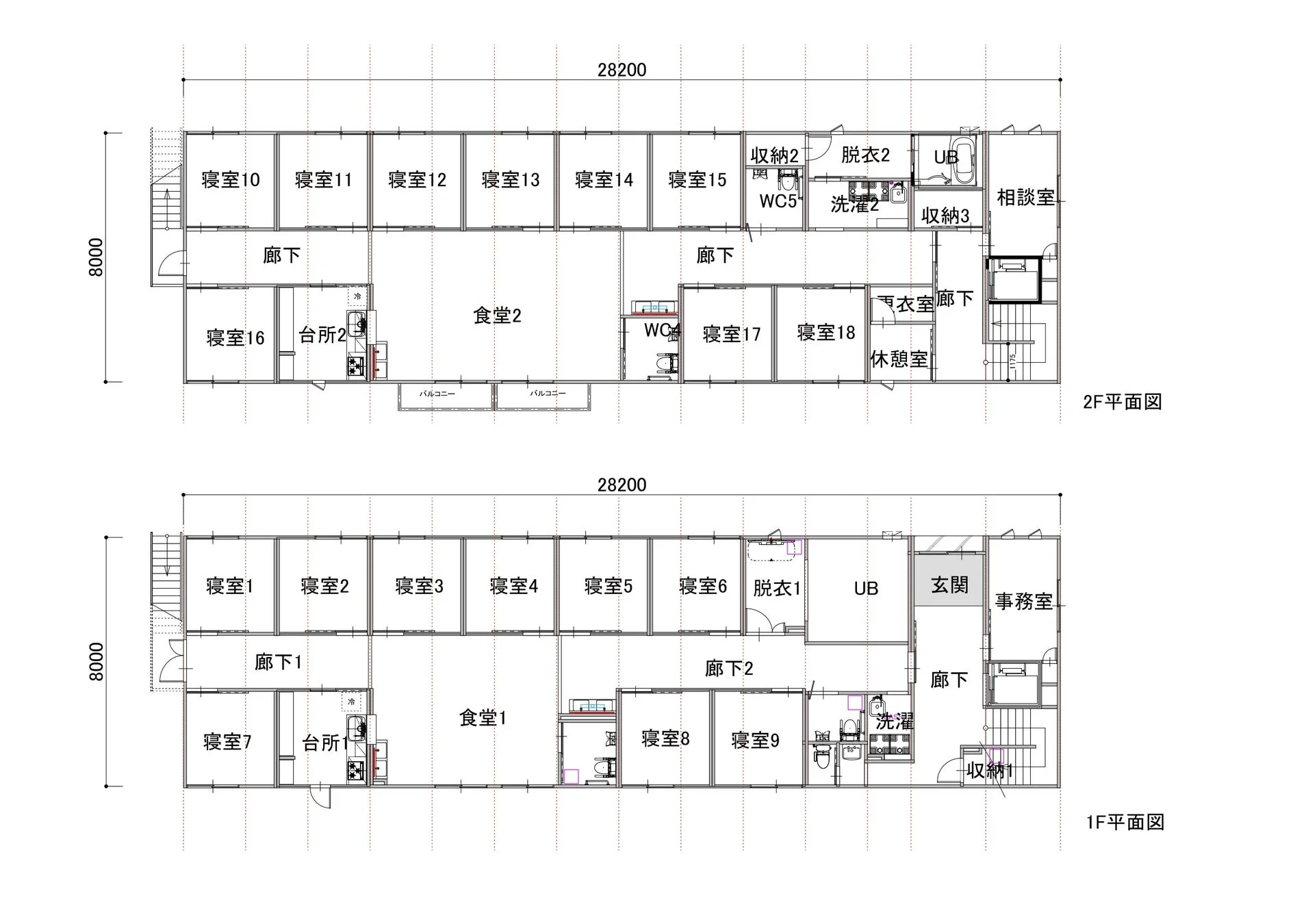 建物の1階と2階の平面図
