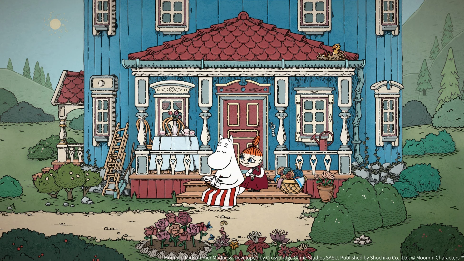 ムーミントロールとリトルミイがムーミン屋敷のポーチに座っているイラスト