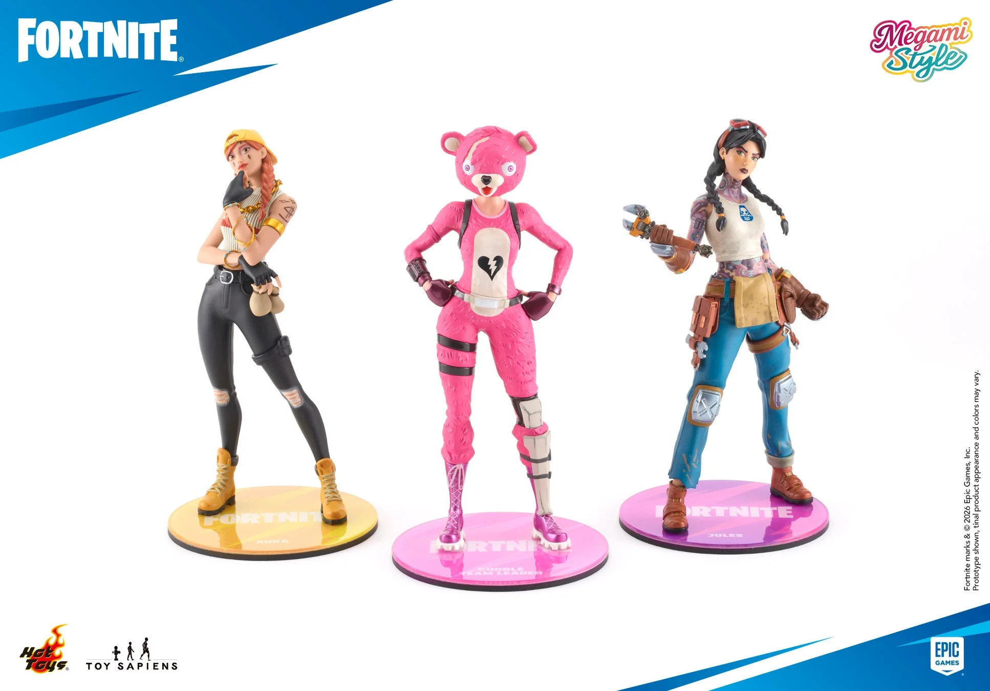 人気ゲーム「フォートナイト」のキャラクター、オーラ、ラブレンジャー、ジュールズの3体のフィギュアが白い背景に展示されている。ホットトイズの「Megami Style」シリーズのコレクタブルアイテム。