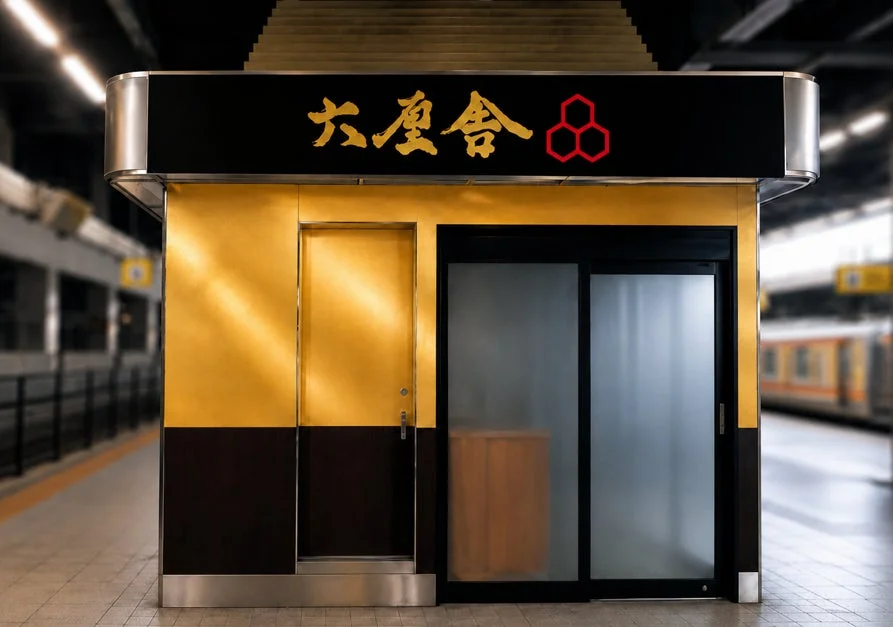 駅のプラットフォームに立つ、金色と黒のパネルでデザインされた小さな建物