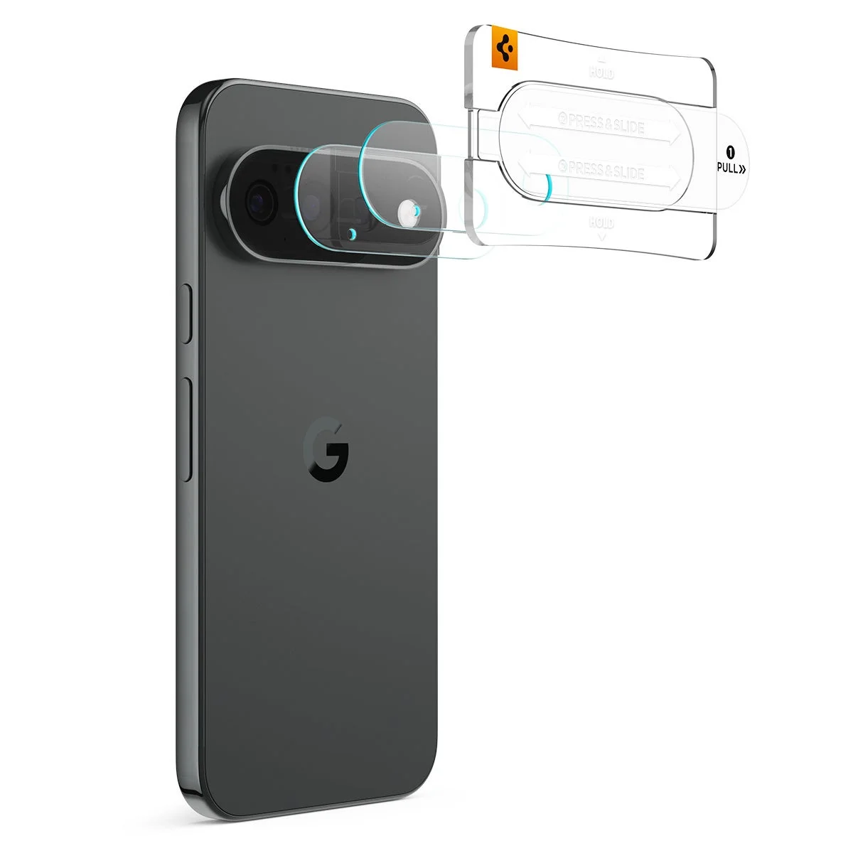 ダークグレーのGoogle Pixelスマートフォンに、Spigen製の透明なカメラレンズプロテクターを装着している様子