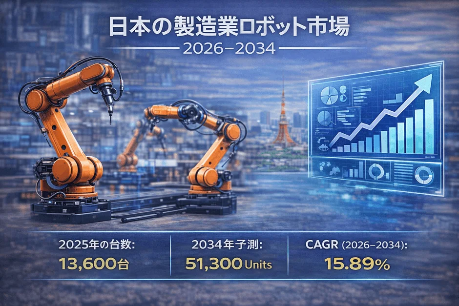 日本の製造業ロボット市場 2026-2034 2025年の台数: 13,600台 2034年予測: 51,300 Units CAGR (2026-2034): 15.89%