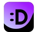 紫色の背景に黒い「:D」の絵文字が描かれたアプリのアイコン
