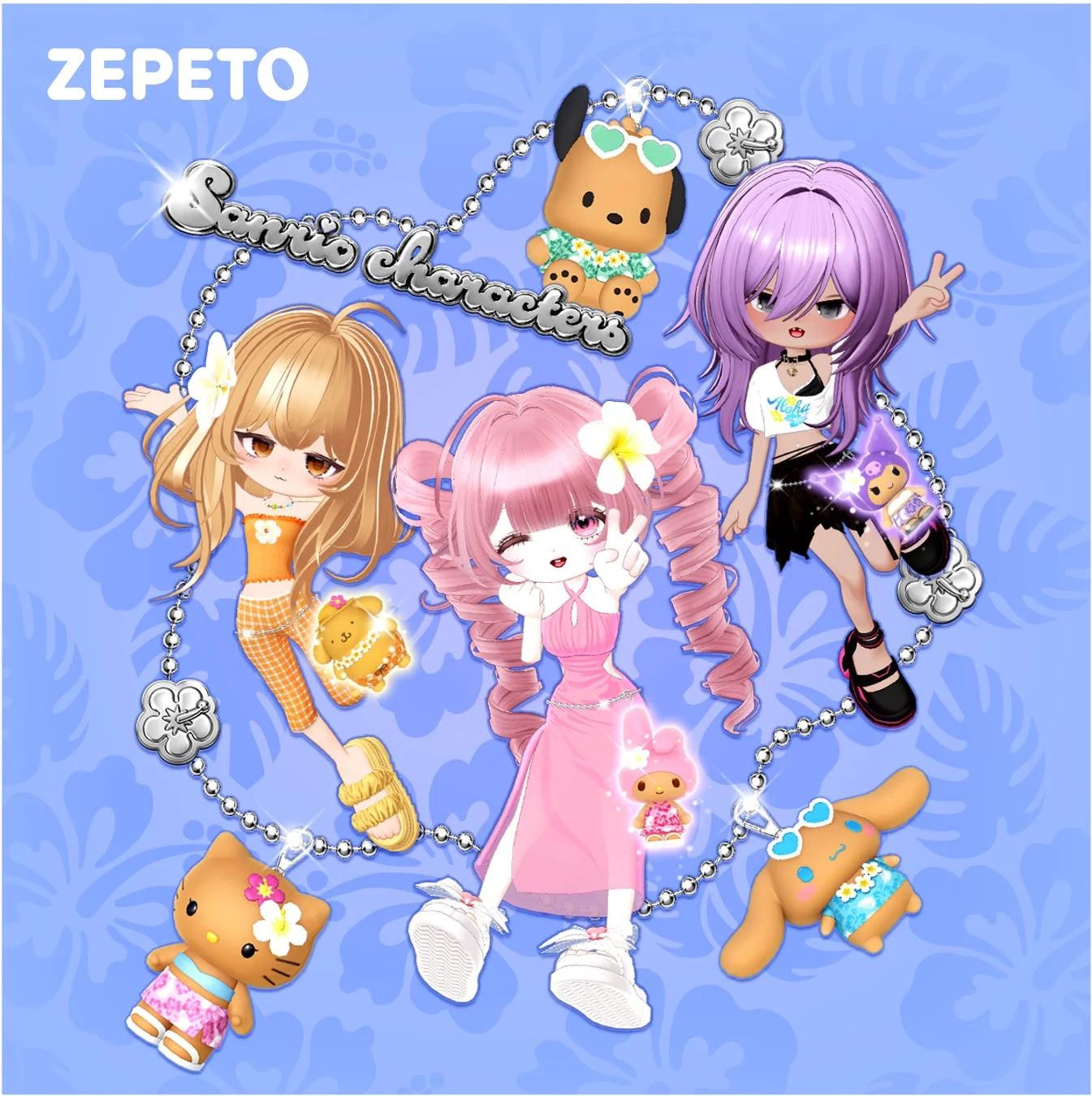 ゼペットのアバター3人が夏らしい服装で、サンリオキャラクターズのチャームに囲まれている