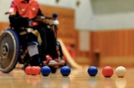 車椅子に乗った選手がボッチャをプレイしている様子