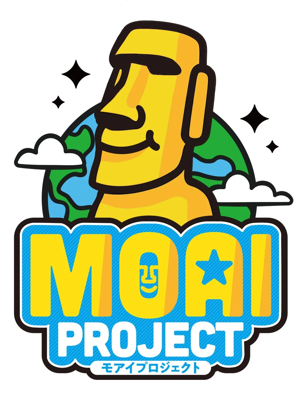地球を背景にモアイ像のキャラクターが描かれ、「MOAI PROJECT」と書かれたポップなロゴマークです。親しみやすいデザインで、プロジェクトのシンボルとして使われているようです。