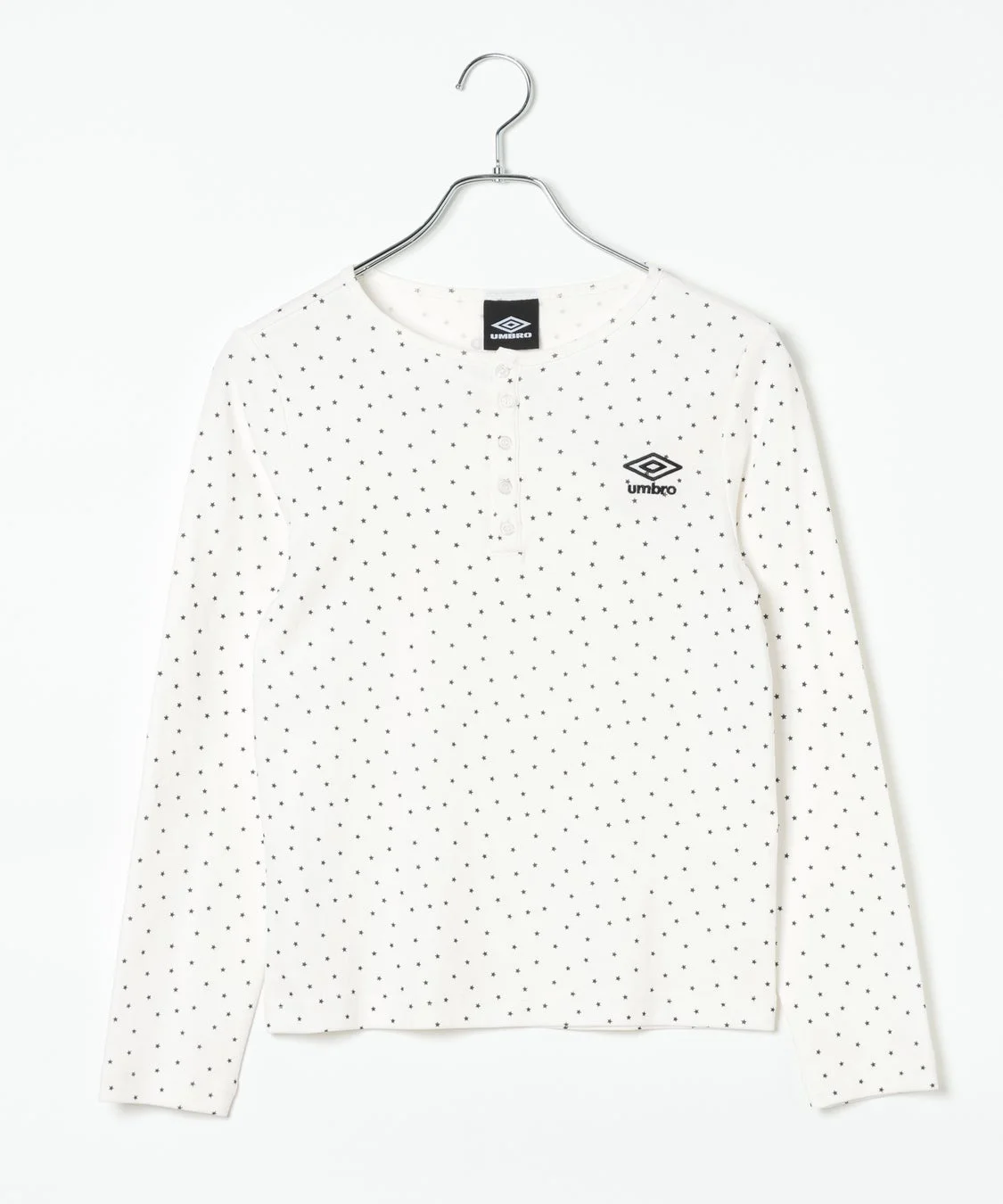 星柄ドットの白いヘンリーネック長袖Tシャツ