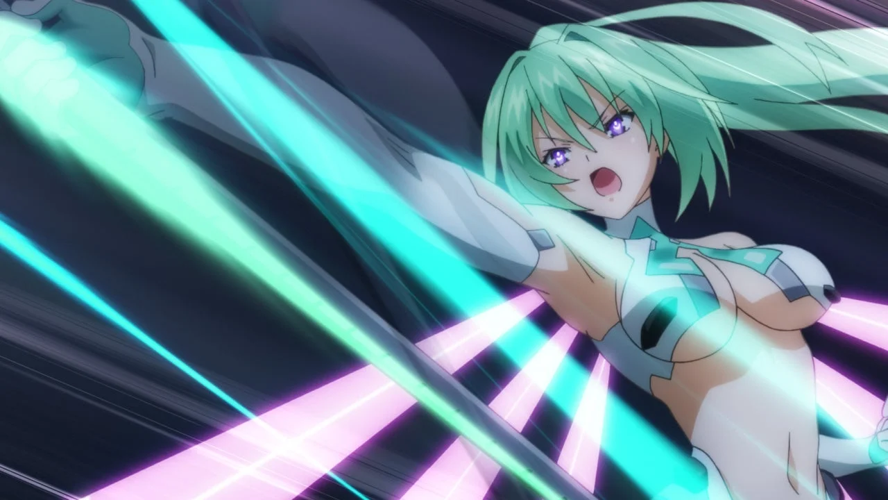 緑色の髪と紫色の目を持つアニメキャラクターが、未来的な衣装を身につけ、光のエフェクトの中で攻撃しているようなダイナミックなポーズ