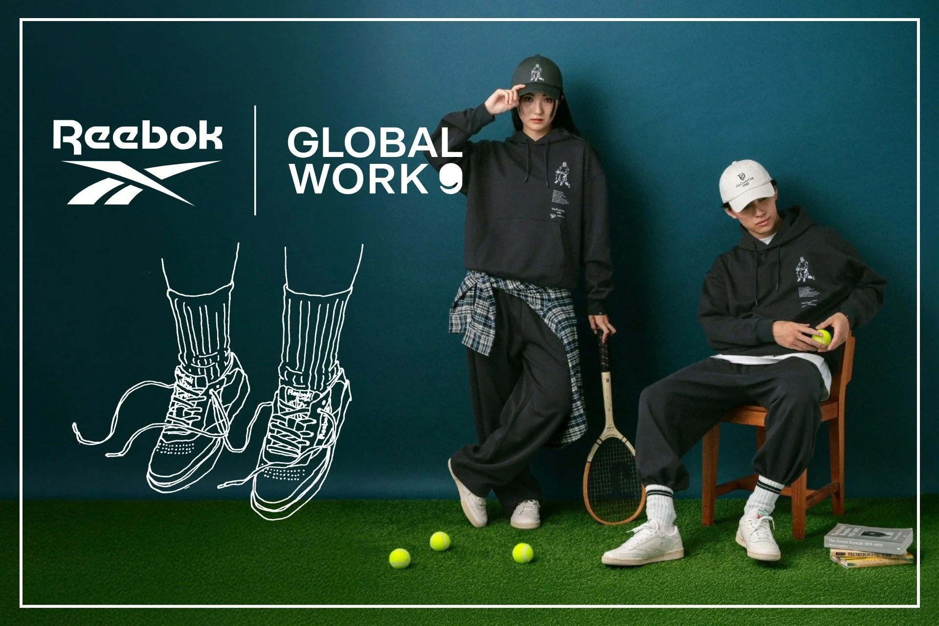 GLOBAL WORKとReebokのコラボレーションアイテムを着用した男女モデル