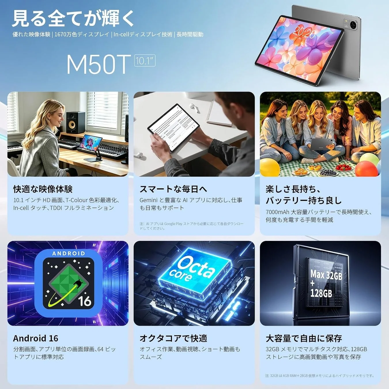 M50Tタブレットのディスプレイとバッテリー、AI機能に関する情報