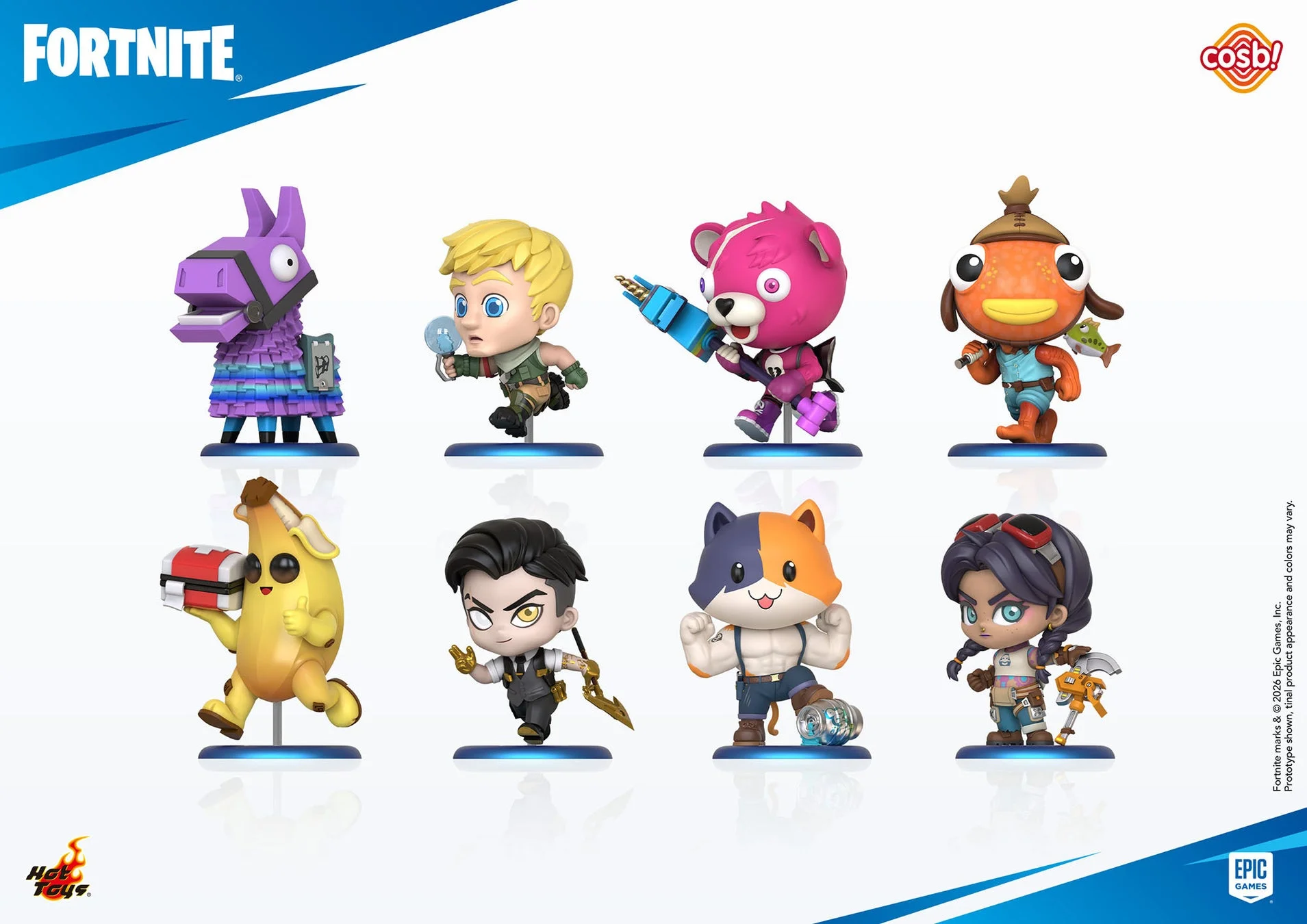 フォートナイトのキャラクターをモチーフにした8種類のコレクタブルフィギュアが展示されています。人気キャラクターたちが可愛らしいデフォルメで再現されており、ゲームファン向けのアイテムです。