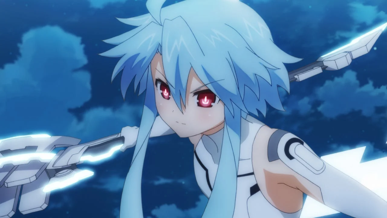 青い髪と赤い瞳を持つアニメの少女が、白い未来的な衣装を身に着け、光る武器を構えているシーン