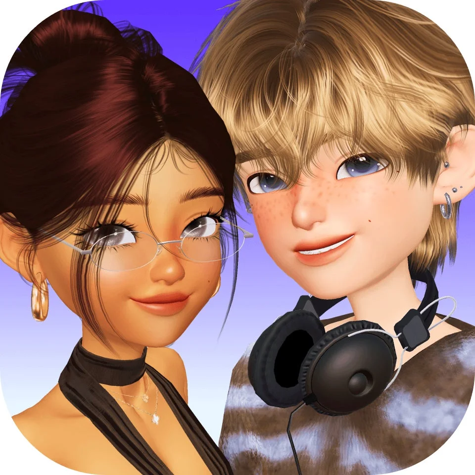 メガネをかけた女性とヘッドホンを首にかけた男性の3Dキャラクター