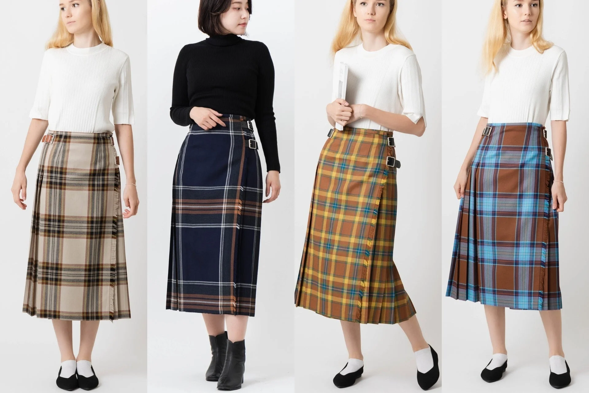4人の女性モデルが異なる色と柄のチェック柄スカート