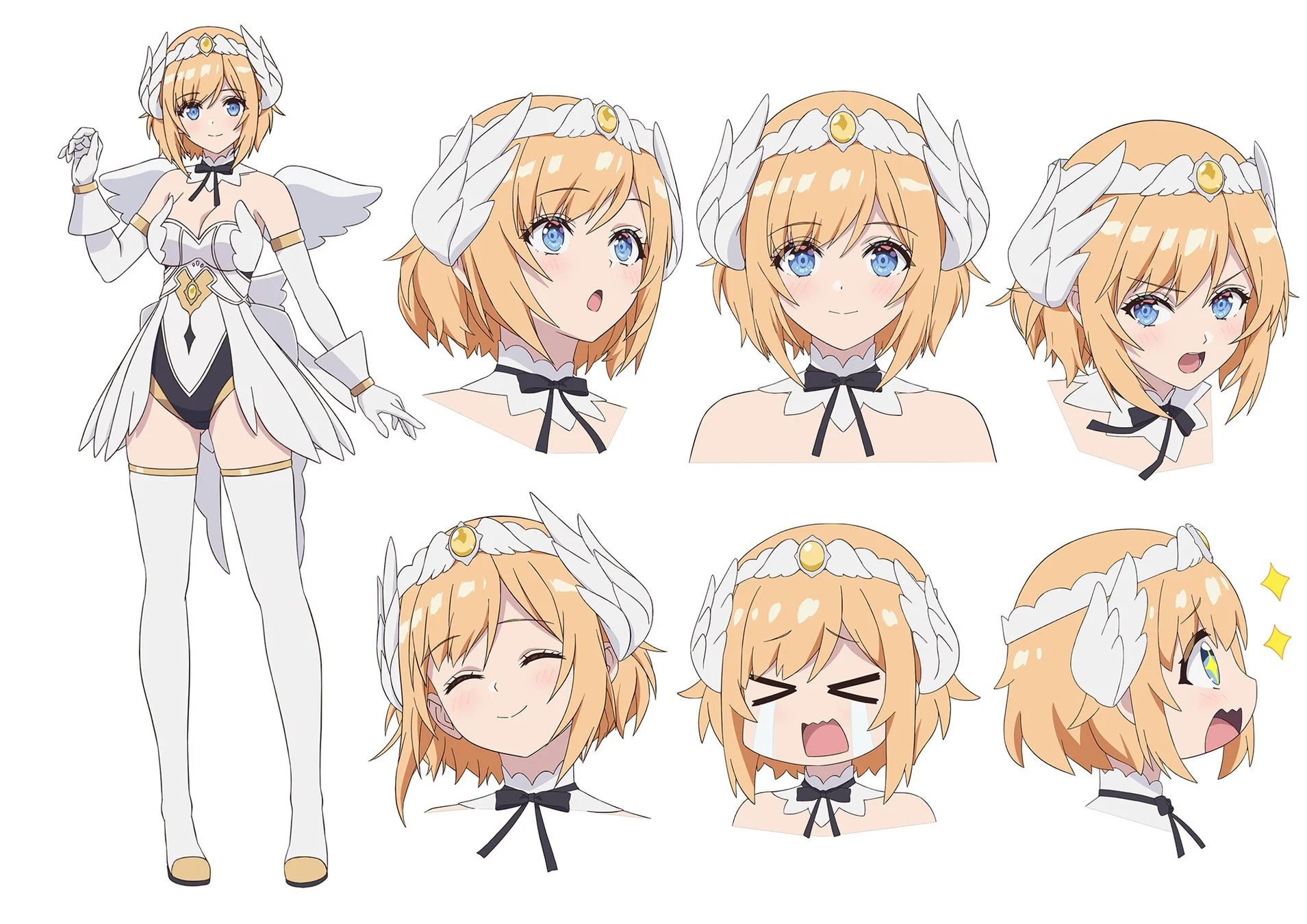 金髪と青い目のアニメ風の少女キャラクターデザインシートです。白い天使のような衣装を着用し、全身図と様々な表情(笑顔、驚き、怒り、泣き顔、困惑など)が描かれています。