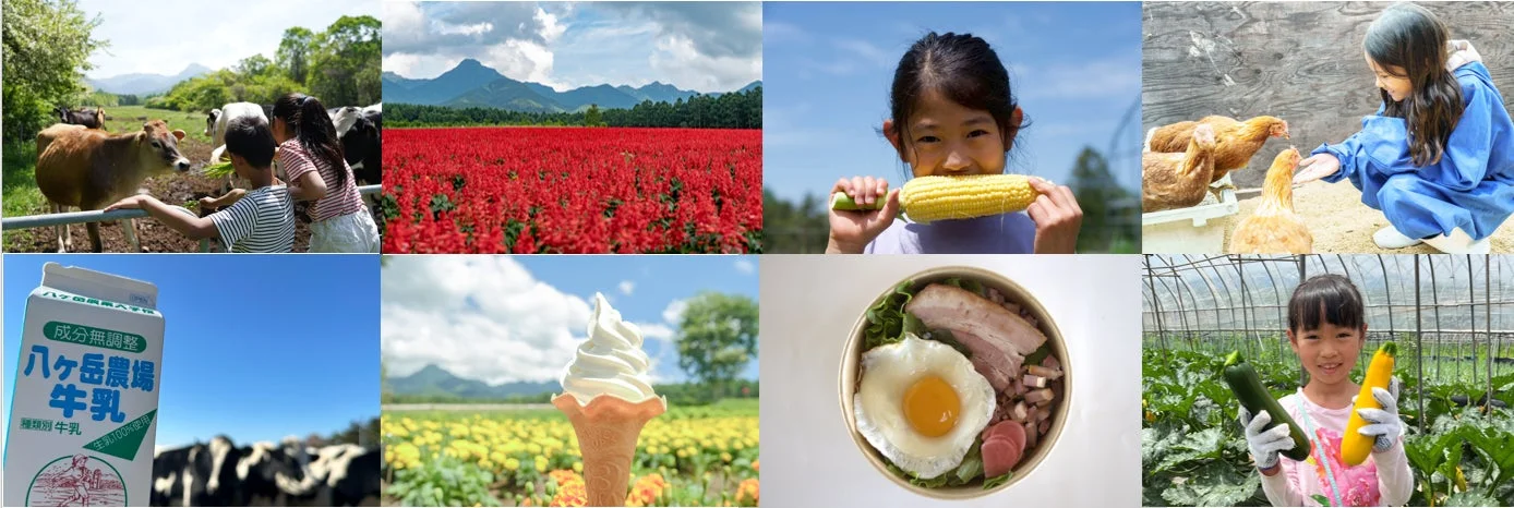 自然豊かな農場での体験や食の恵みを伝えるコラージュ画像。子供たちが動物と触れ合い、野菜を収穫する様子、花畑、八ヶ岳農場の牛乳やソフトクリーム、お弁当などが描かれ、農業と食の楽しさを感じさせます。