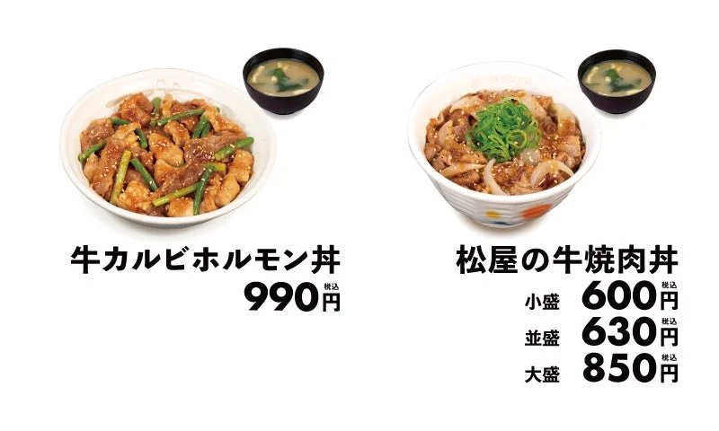 牛カルビホルモン丼と松屋の牛焼肉丼のメニュー